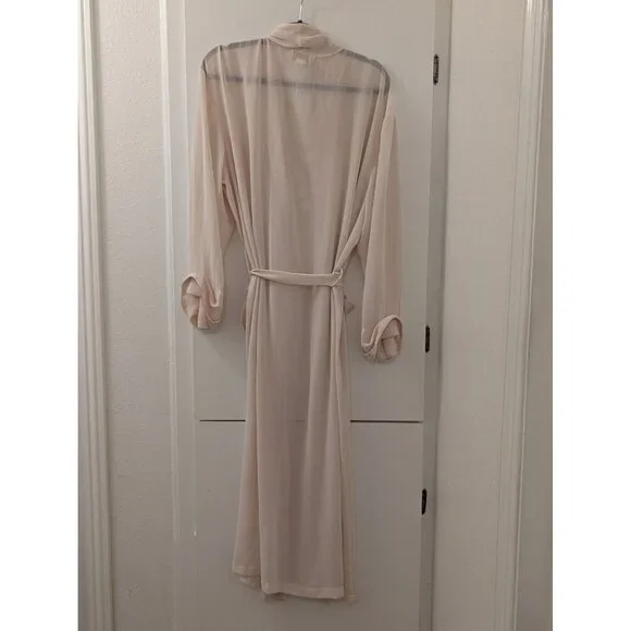 1980's Victoria Secret Sheer Beige Long Robe With Tie Waist & Pocket Detail